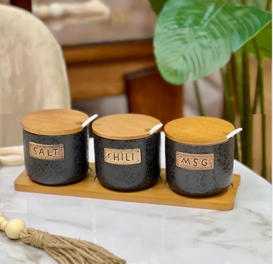3-Piece Kitchen Spice Jar Set with Wooden Lids & Tray
