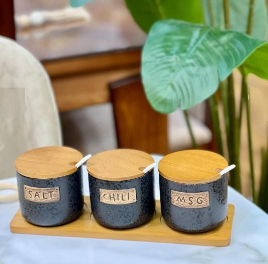 3-Piece Kitchen Spice Jar Set with Wooden Lids & Tray
