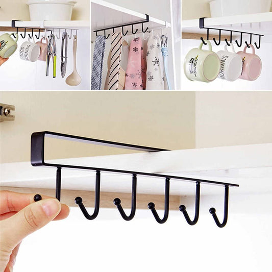 Multi - functional Under Cabinet Kitchen Storage Organizer, Under Cabinet Hanger, 6 - Hook Under Cabinet Mug Hanger, Under Cabinet Mug Holder, Cups Holder, Under Shelf 6 Hooks Hanger - Techmanistan in Pakistan