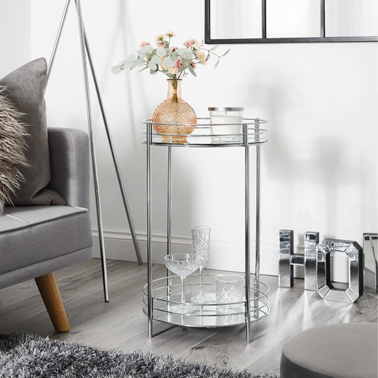 Multipurposed Chrome Effect 2 Tier Metal Tubes Glass Shelves Round Stand - Techmanistan