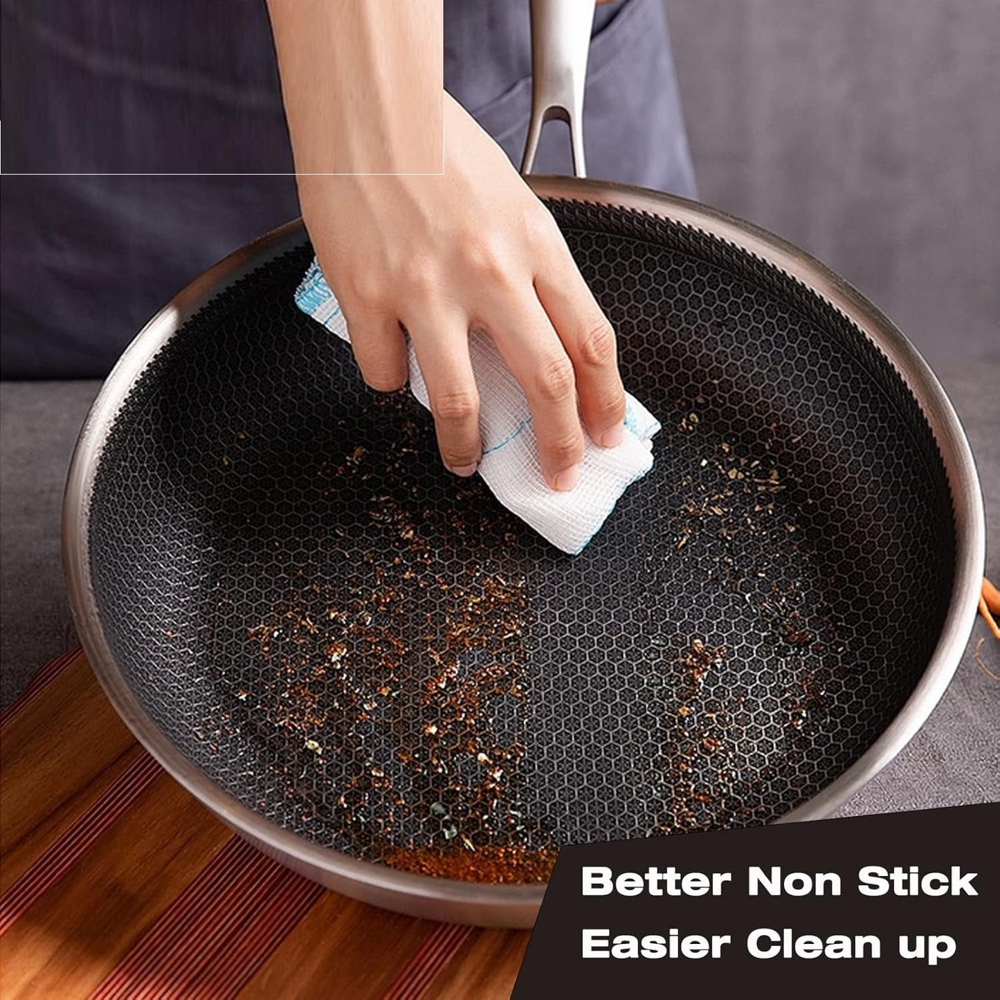 Double Sided Honeycomb Print Laser Coated Wok With Handle & Lid Techmanistan