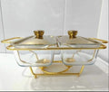 2 Grid Buffet Food Warmer Glass Serving Dish with Golden Lid