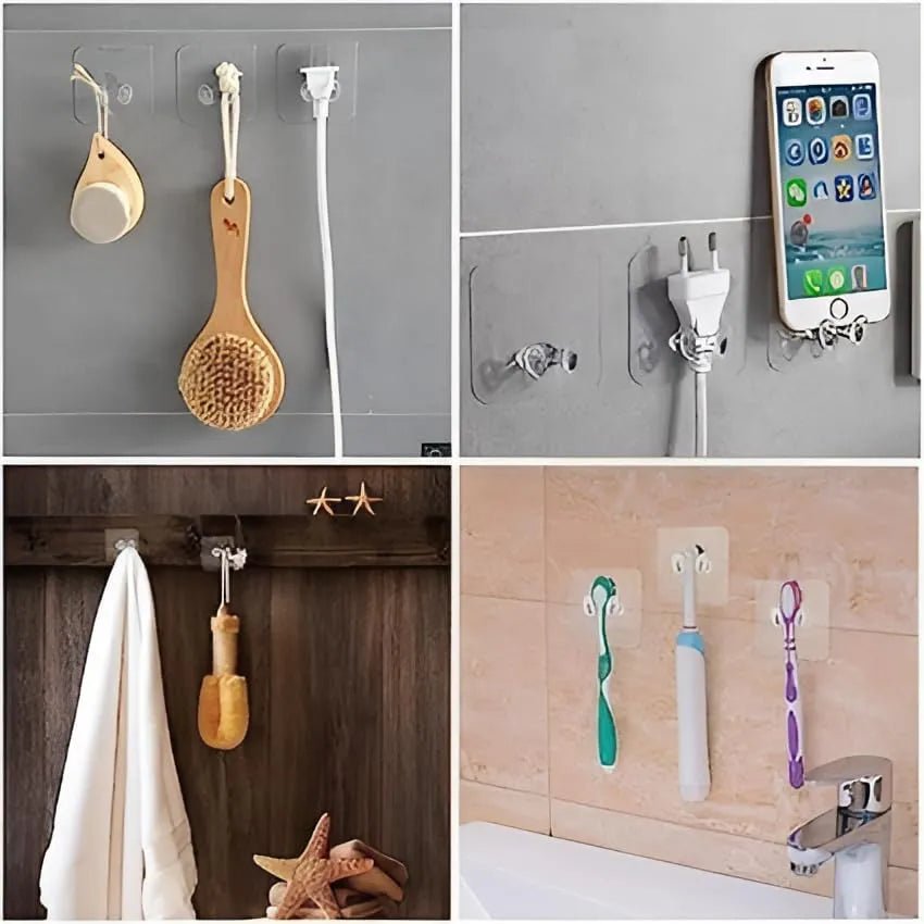 Pack of 10 - Strong Adhesive Hook Power Plug Socket Holder Wall Mounted Self Sticky Hooks - Techmanistan in Pakistan