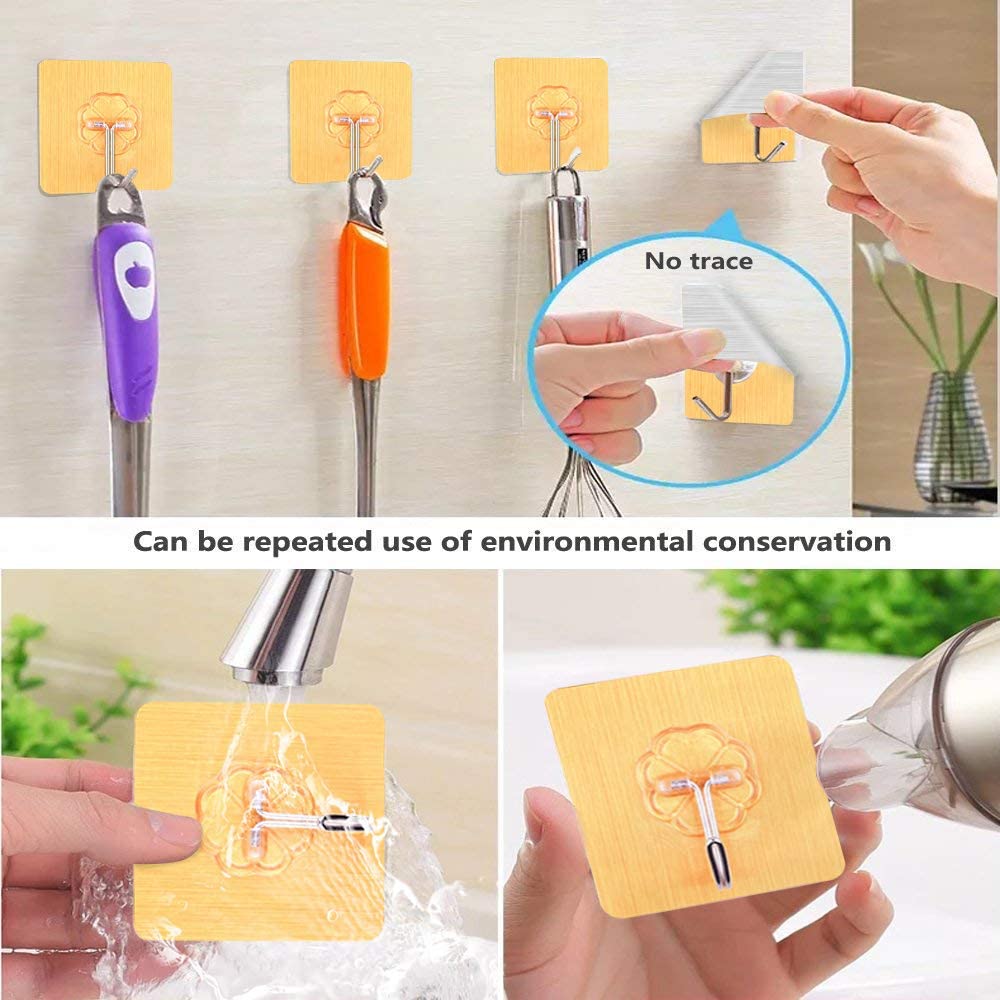 Pack of 4 - Golden Super Adhesive Wall Hooks, Self - Adhesive Wall Hooks For Kitchen, Bathroom & Bedroom Oilproof and Waterproof Heavy Duty Reusable Adhesive Wall Hook - Techmanistan in Pakistan
