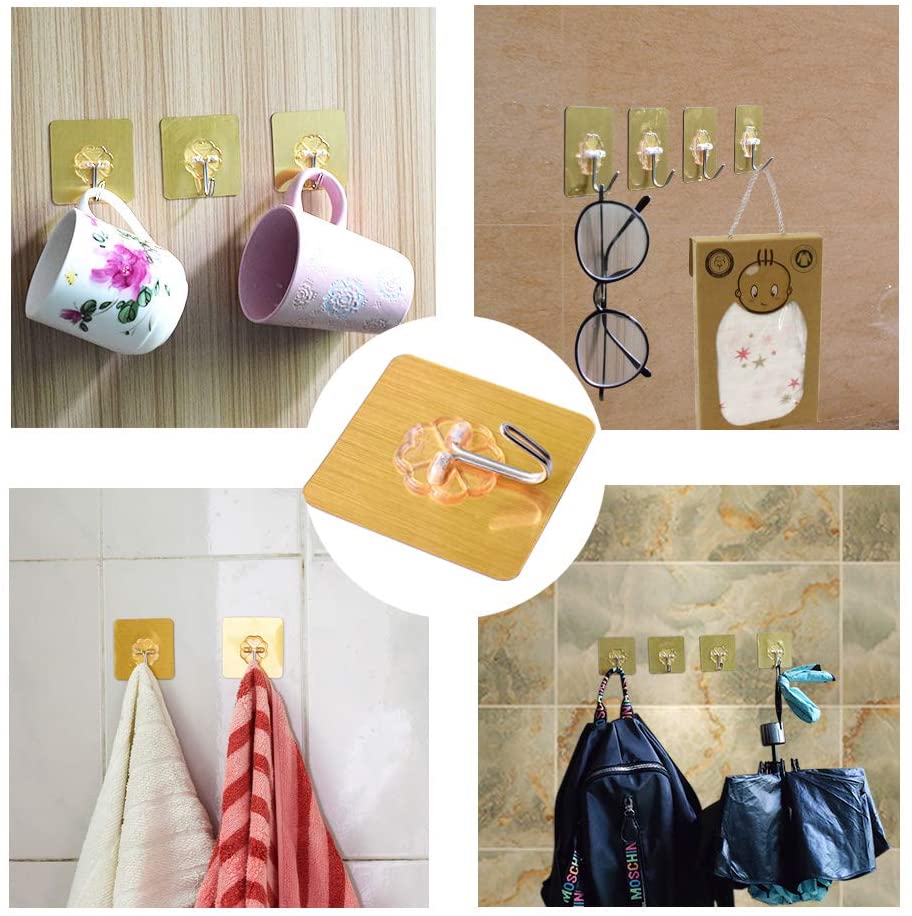 Pack of 4 - Golden Super Adhesive Wall Hooks, Self - Adhesive Wall Hooks For Kitchen, Bathroom & Bedroom Oilproof and Waterproof Heavy Duty Reusable Adhesive Wall Hook - Techmanistan in Pakistan