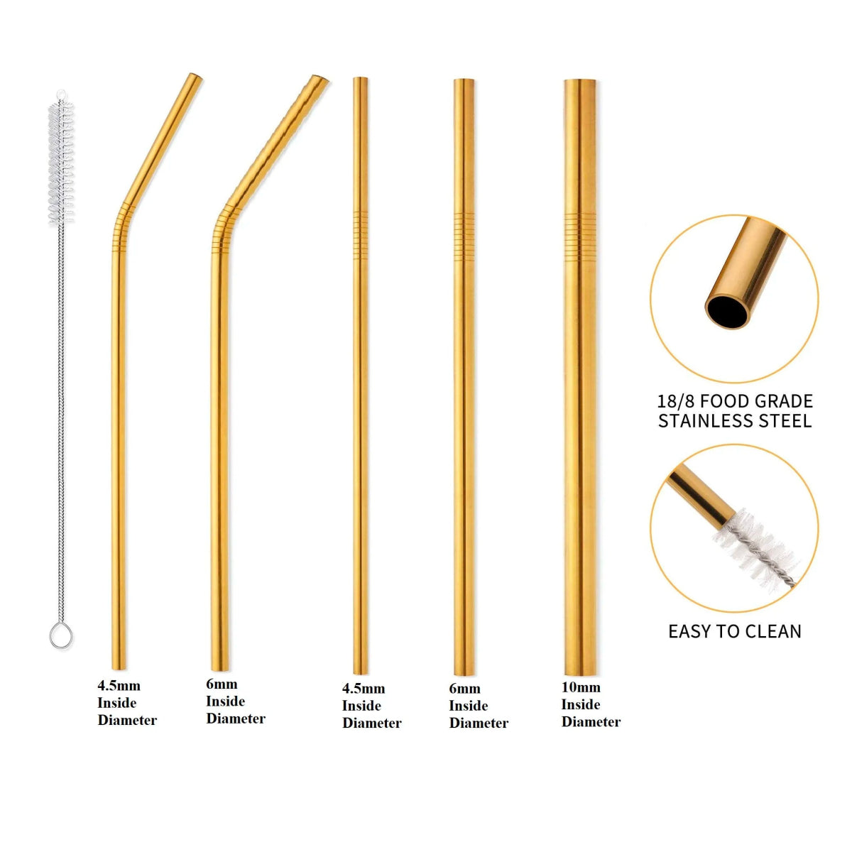 Pack of 5 - Different Diameters Stainless Steel Reusable Drinking Straws With Cleaning Brush - Techmanistan in Pakistan