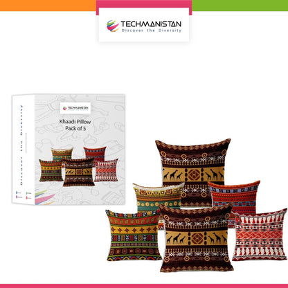 Pack Of 5 - Ethnic Design Cushions - Multicolor cushion covers Without Filling, Cushioncover for Sofa Designer Fancy Geometric pillows printed set - Techmanistan in Pakistan