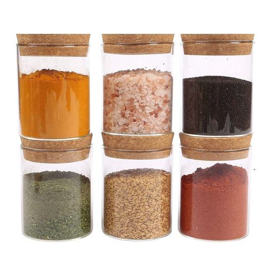 Pack of 6 - Small Glass Food Jar with Cork Lid and Airtight Sealing, Little Clear Canister Jar for Kitchen Storage, Mini Cork Bottle - Techmanistan in Pakistan