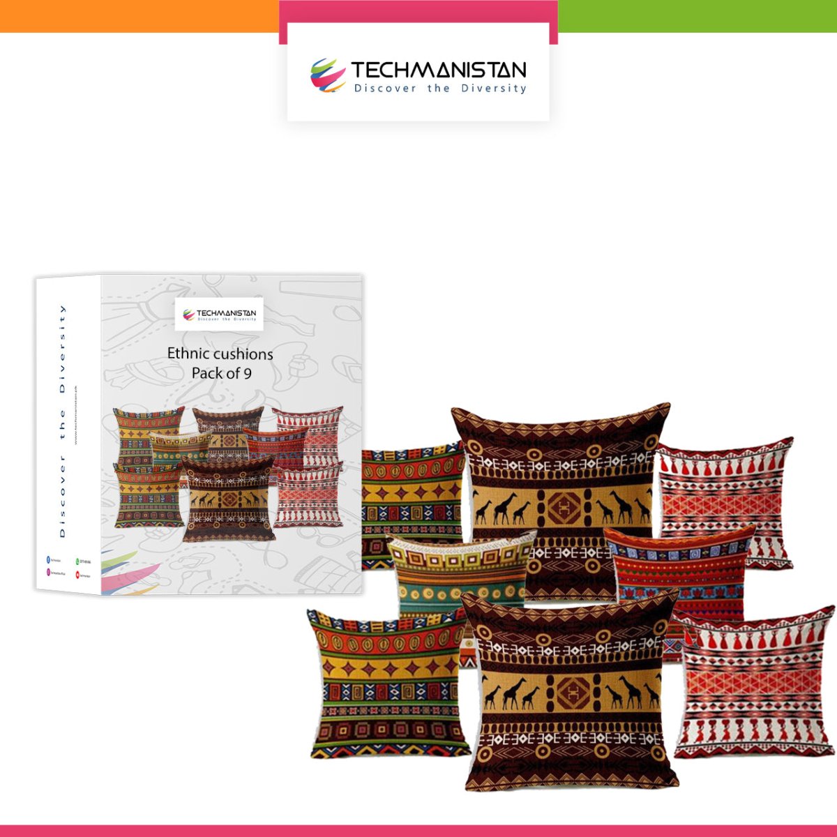Pack Of 9 Ethnic Design African Geometric Cushions Without Filling, Cushions For Sofa, Printed Cushion Covers For Sofa, Fancy Cushion Covers For Bed, Sofa Pillow Covers, Sofa Cushion Set, Cushion Covers 4 Piece Set Without Filling - Techmanistan in Pakistan
