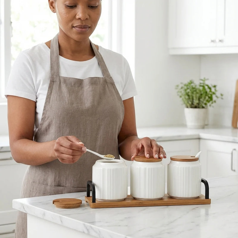 Ceramic Seasoning Jar Set with Wooden Tray