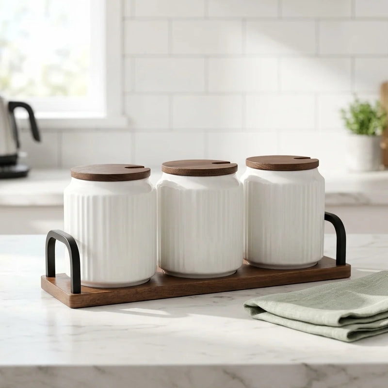 Ceramic Seasoning Jar Set with Wooden Tray