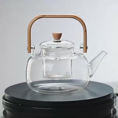 1000ml Glass Tea Kettle with Glass Filter & Wooden Handle