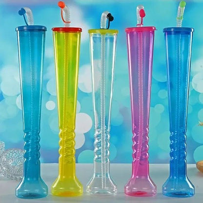 Random Color - 350ml Plastic Slim Bottle With Straw, Long Drinking Sipper, Twisted Tall Cups - Techmanistan in Pakistan