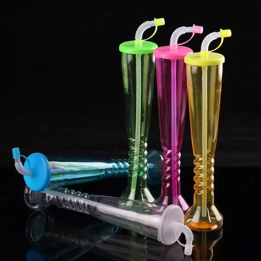 Random Color - 350ml Plastic Slim Bottle With Straw, Long Drinking Sipper, Twisted Tall Cups - Techmanistan in Pakistan