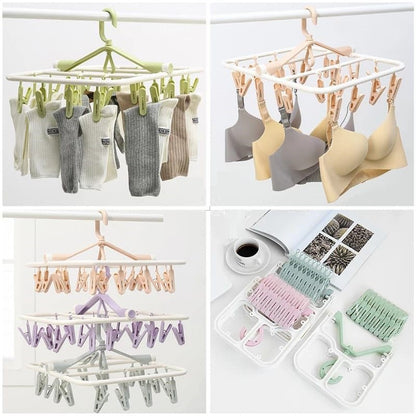 Random Color - Foldable 20 Clips Hanger, Folding Hanging Cloth Hanger with 20 Clips Drying Folding Storage Racks for Underwear Socks - Techmanistan in Pakistan