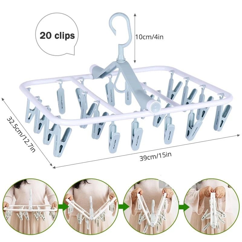 Random Color - Foldable 20 Clips Hanger, Folding Hanging Cloth Hanger with 20 Clips Drying Folding Storage Racks for Underwear Socks - Techmanistan in Pakistan