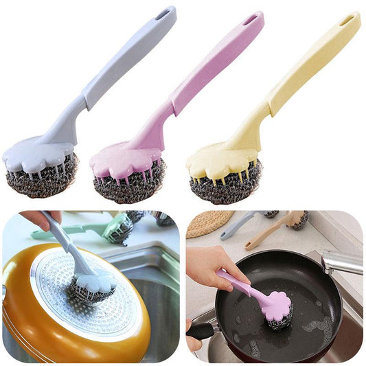 Random Color - Wire Ball With Long Handle, Stainless Steel Long Handle Wire Ball Brush, Steel Scotch Brite With Handle Kitchen Hanging Cleaning Brush Washing Tool - Techmanistan in Pakistan