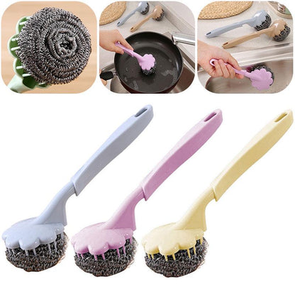 Random Color - Wire Ball With Long Handle, Stainless Steel Long Handle Wire Ball Brush, Steel Scotch Brite With Handle Kitchen Hanging Cleaning Brush Washing Tool - Techmanistan in Pakistan