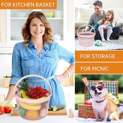 Round Metal Mesh Basket with Wooden Handle - Techmanistan in Pakistan