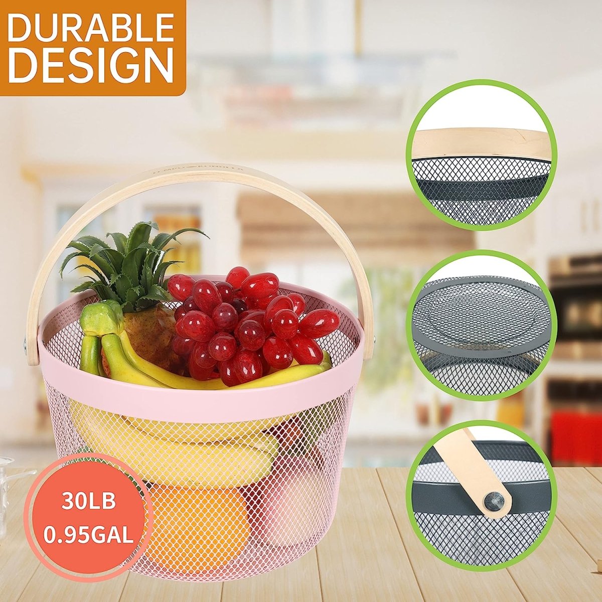 Round Metal Mesh Basket with Wooden Handle - Techmanistan in Pakistan