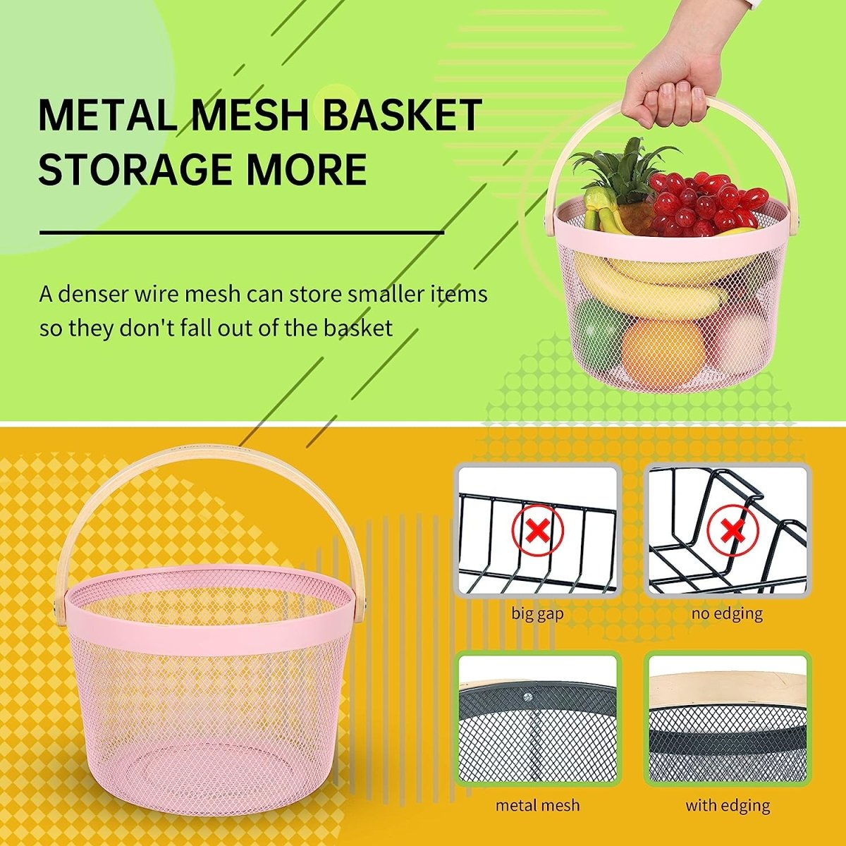 Round Metal Mesh Basket with Wooden Handle - Techmanistan in Pakistan