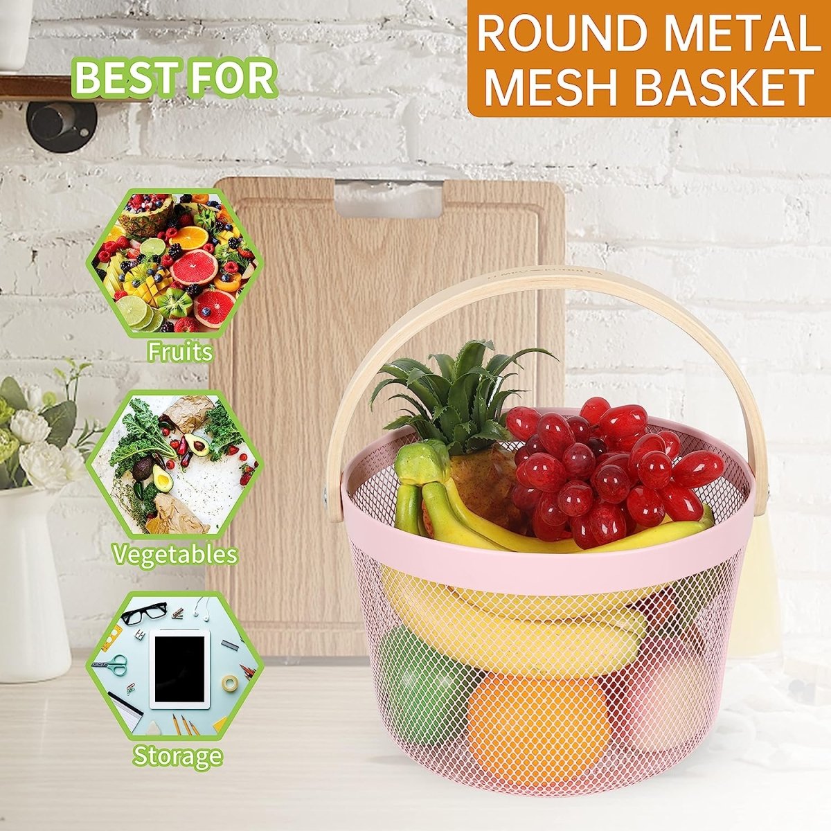 Round Metal Mesh Basket with Wooden Handle - Techmanistan in Pakistan