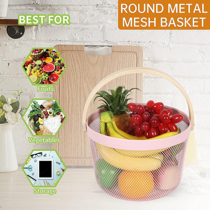 Round Metal Mesh Basket with Wooden Handle - Techmanistan in Pakistan