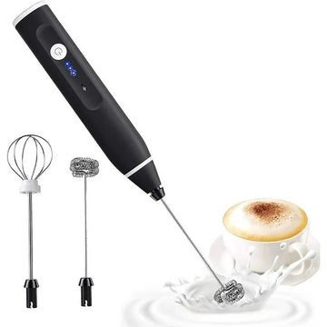 Portable Milk Frother with 2 Stainless Steel Heads and 3 Speeds