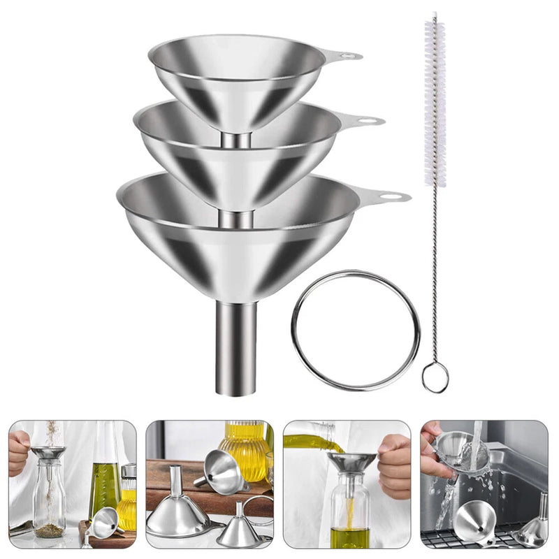 3Pcs Stainless Steel Kitchen Funnel Set with Cleaning Brush – Large, Medium & Small