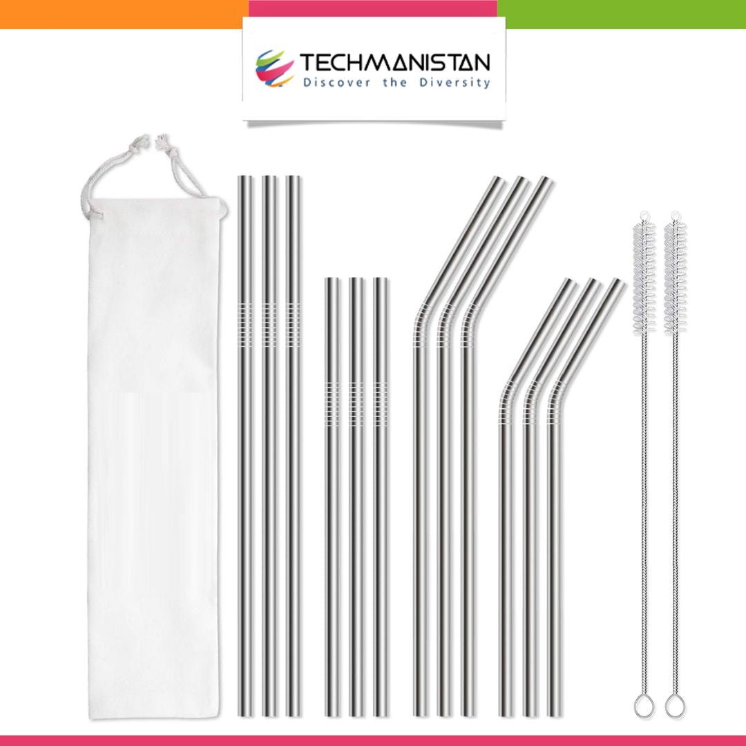 Set of 12 Stainless Steel Straws with 2 Cleaning Brushes - Techmanistan in Pakistan