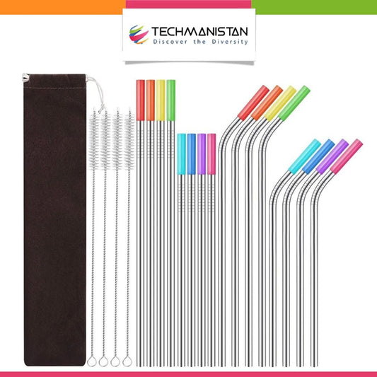Set of 16 Stainless Steel Straws with Cleaning Brushes - Techmanistan in Pakistan