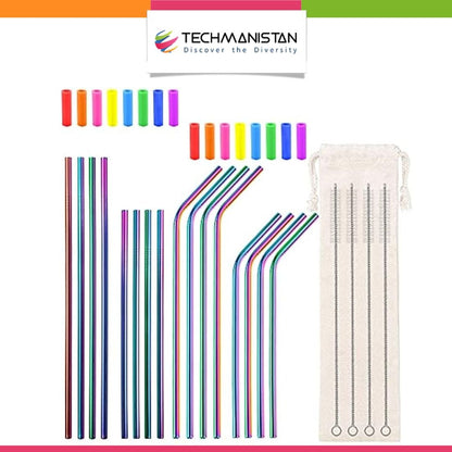 Set of 16 Stainless Steel Straws with Cleaning Brushes - Techmanistan in Pakistan