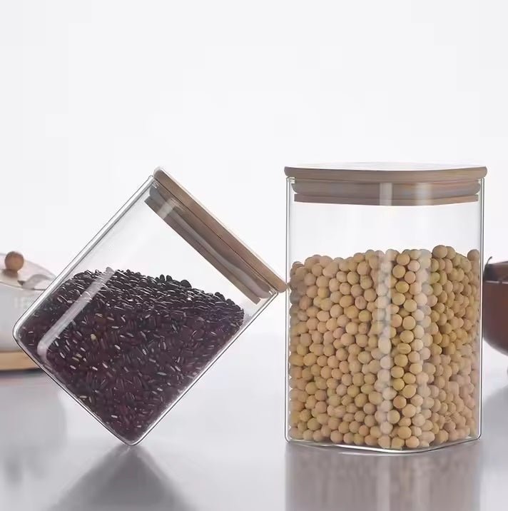 Set of 3 - Round Glass Kitchen Jars With Wooden Bamboo Lids - Techmanistan in Pakistan