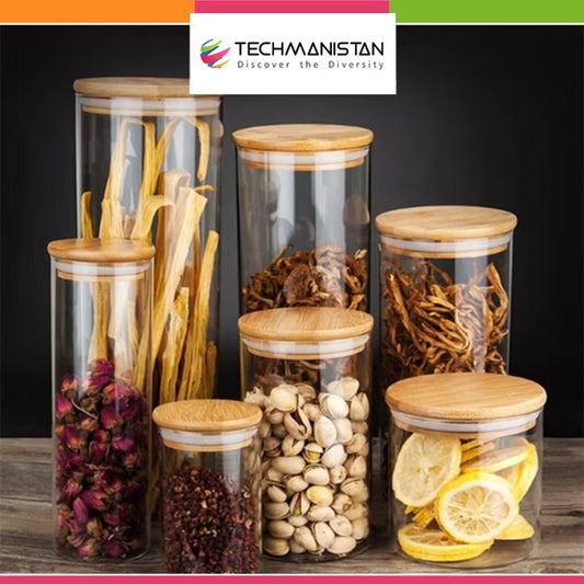 Set of 3 - Round Glass Kitchen Jars With Wooden Bamboo Lids - Techmanistan in Pakistan