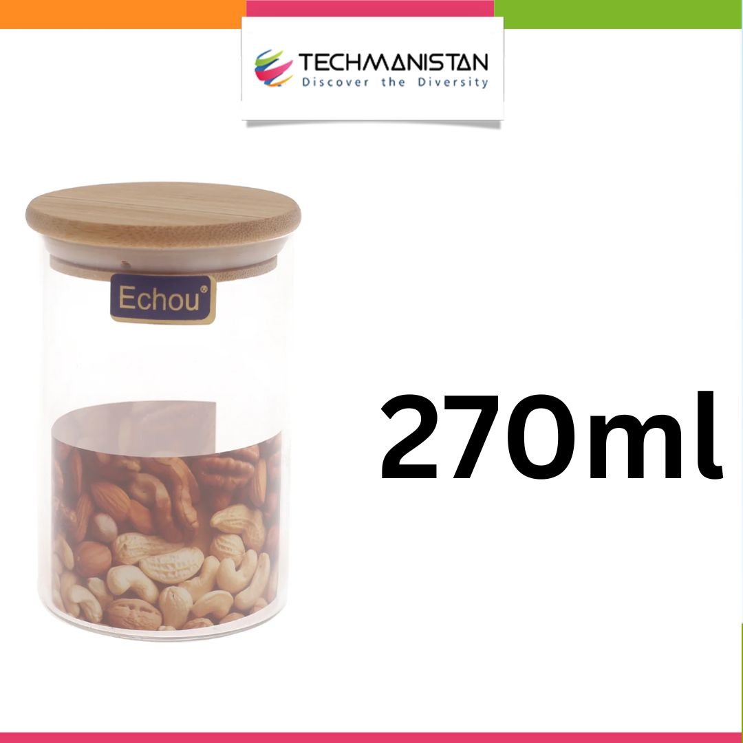 Set of 3 - Round Glass Kitchen Jars With Wooden Bamboo Lids - Techmanistan in Pakistan