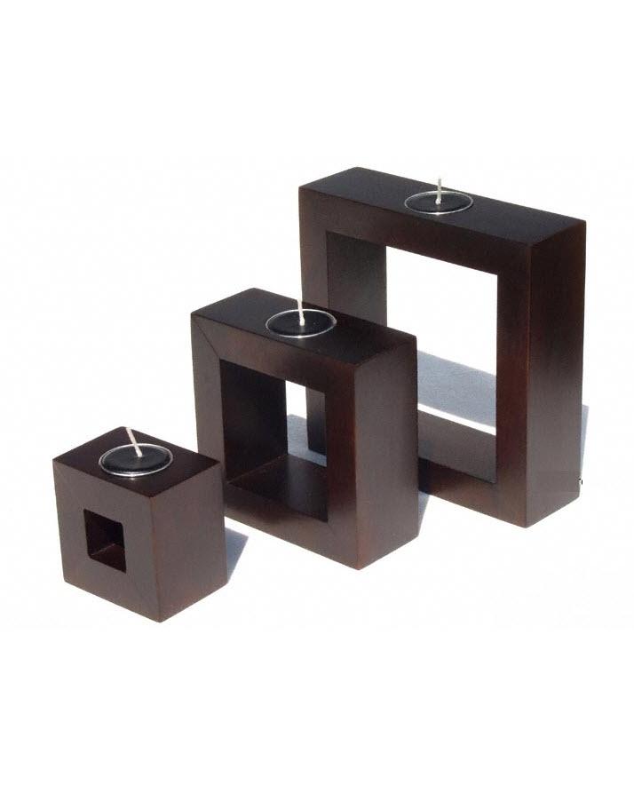 Set of 3 - Solid Mango Wood Square Candle Holders - Techmanistan in Pakistan