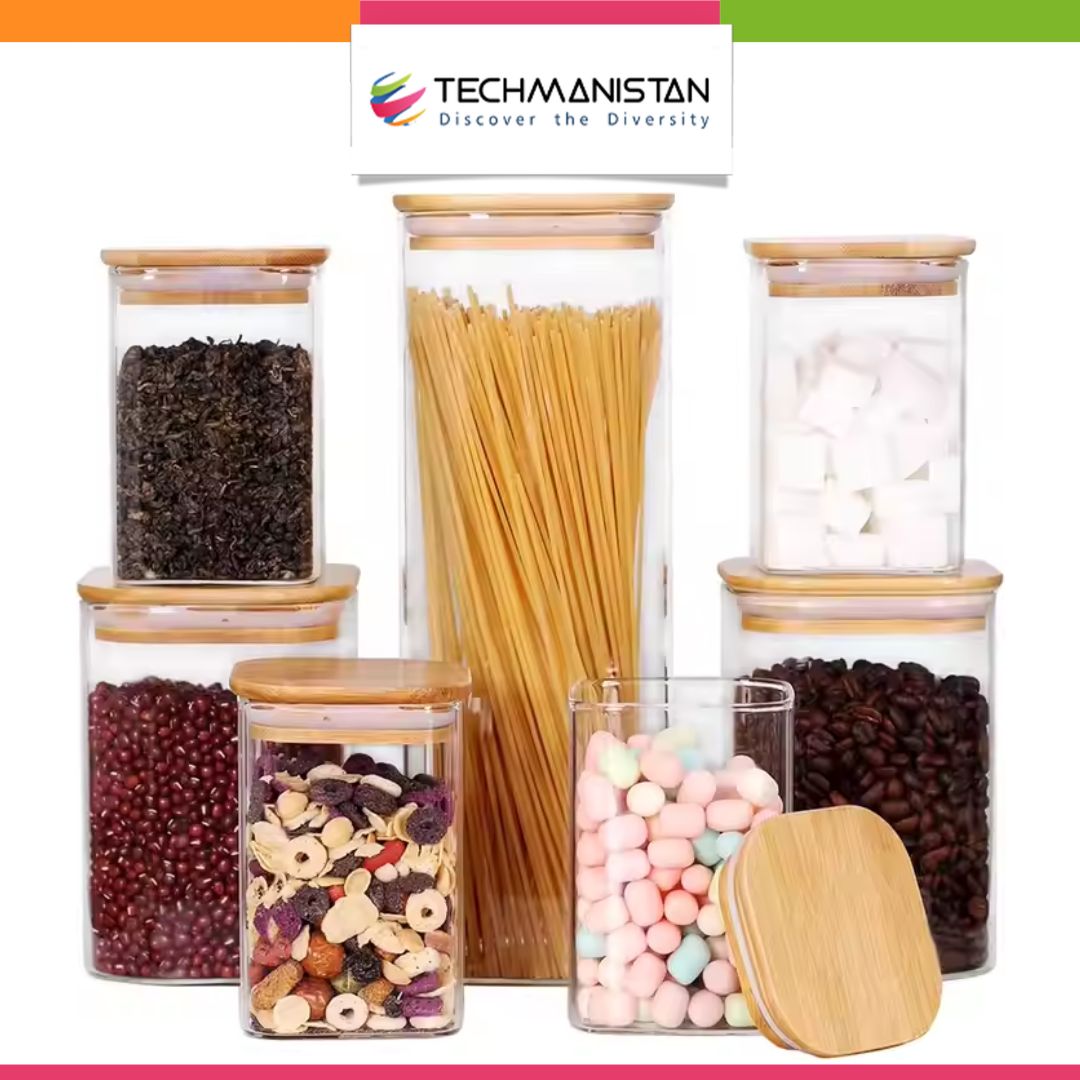 Set of 3 - Square Glass Kitchen Jars With Wooden Bamboo Lids - Techmanistan in Pakistan