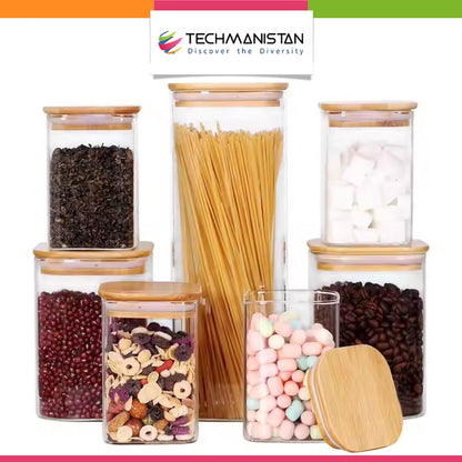 Set of 3 - Square Glass Kitchen Jars With Wooden Bamboo Lids - Techmanistan in Pakistan