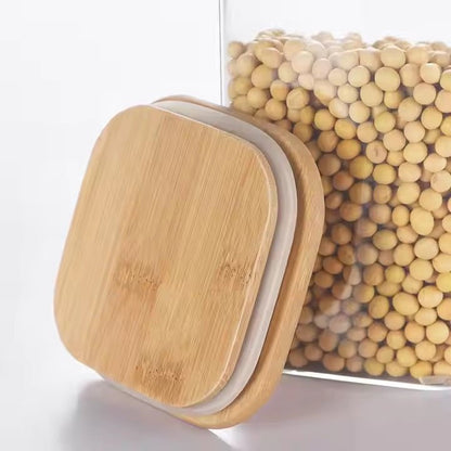 Set of 3 - Square Glass Kitchen Jars With Wooden Bamboo Lids - Techmanistan in Pakistan