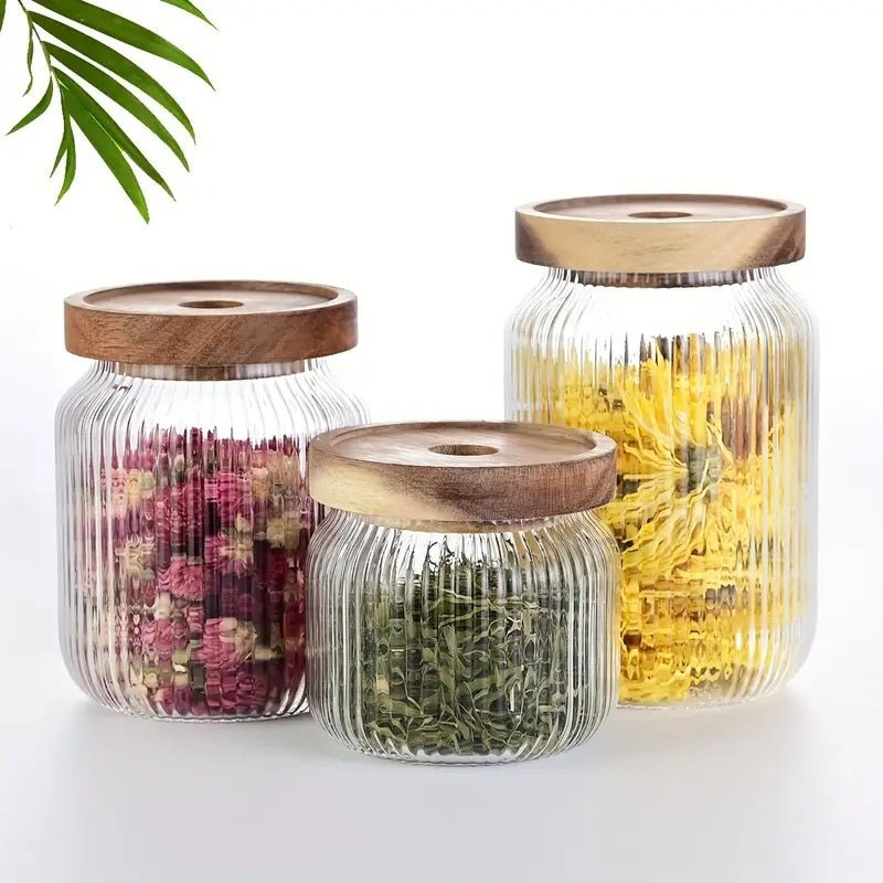 Set of 3 - Stackable Airtight Striped Glass Jars - Techmanistan in Pakistan