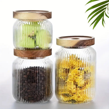 Set of 3 - Stackable Airtight Striped Glass Jars - Techmanistan in Pakistan