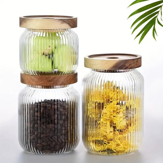 Set of 3 - Stackable Airtight Striped Glass Jars - Techmanistan in Pakistan