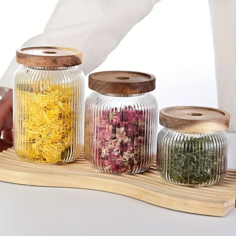 Set of 3 - Stackable Airtight Striped Glass Jars - Techmanistan in Pakistan