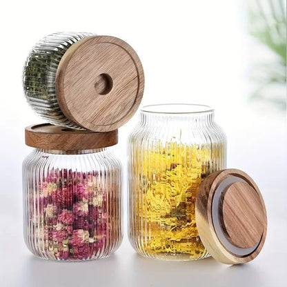 Set of 3 - Stackable Airtight Striped Glass Jars - Techmanistan in Pakistan