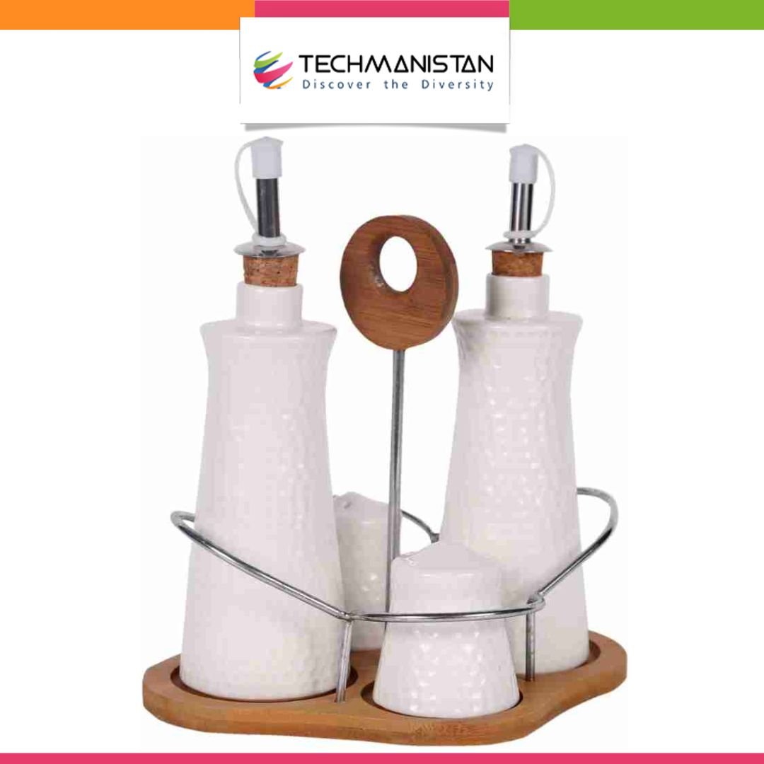 Set of 4 - Condiment Set with Wooden Base - Techmanistan in Pakistan