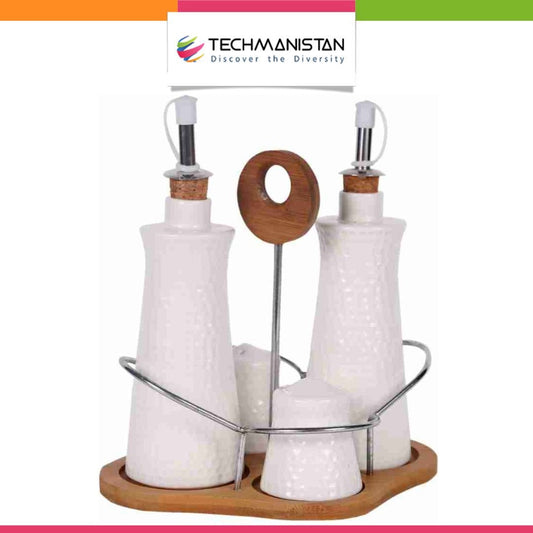 Set of 4 - Condiment Set with Wooden Base - Techmanistan in Pakistan