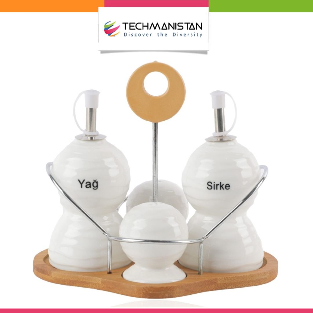Set of 4 - Condiment Set with Wooden Base - Techmanistan
