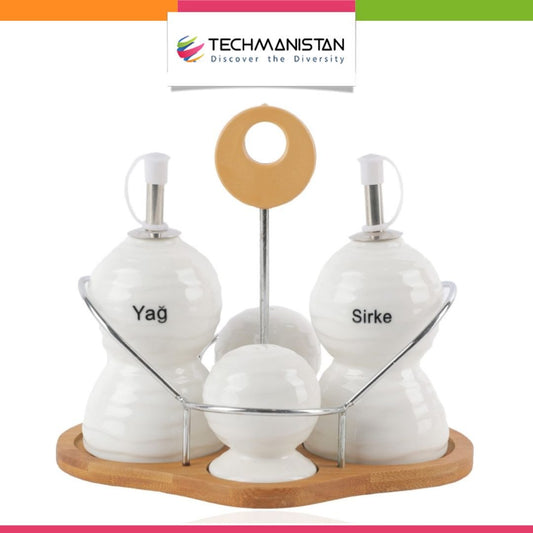 Set of 4 - Condiment Set with Wooden Base - Techmanistan in Pakistan