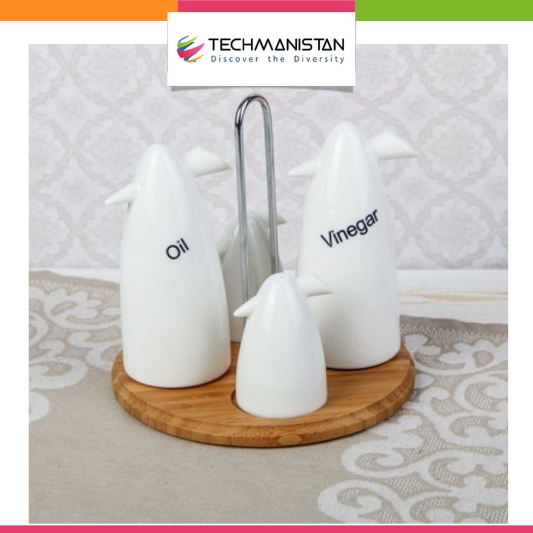 Set of 4 - Condiment Set with Wooden Base - Techmanistan in Pakistan