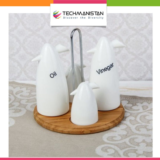 Set of 4 - Condiment Set with Wooden Base - Techmanistan in Pakistan